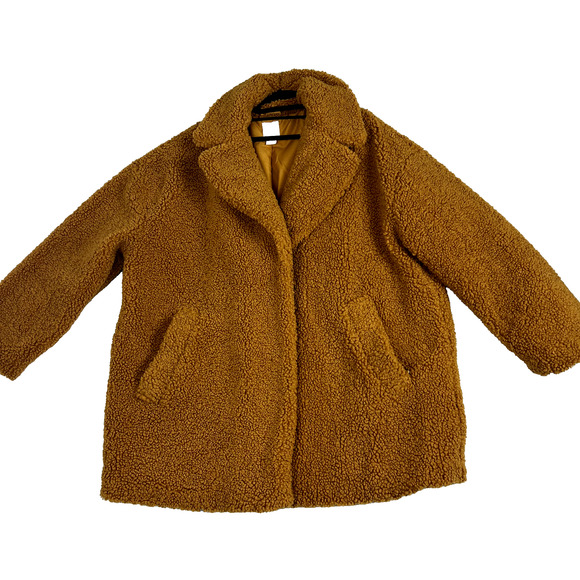 H&M Teddy Coat Jacket Womens XL Orange Brown Fuzzy Comfy Oversized Lined - Picture 2 of 13